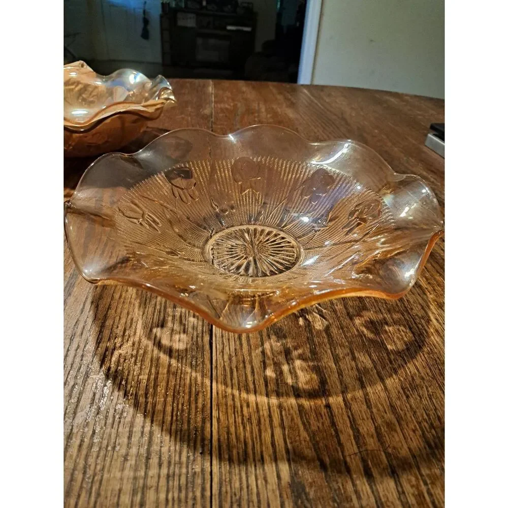Vintage Jeanette Iris Herringbone Marigold Carnival Glass Ruffled Serving Bowl